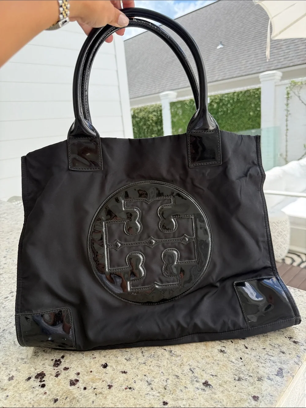 Tory Burch Black Nylon Tote with Patent Logo Detail